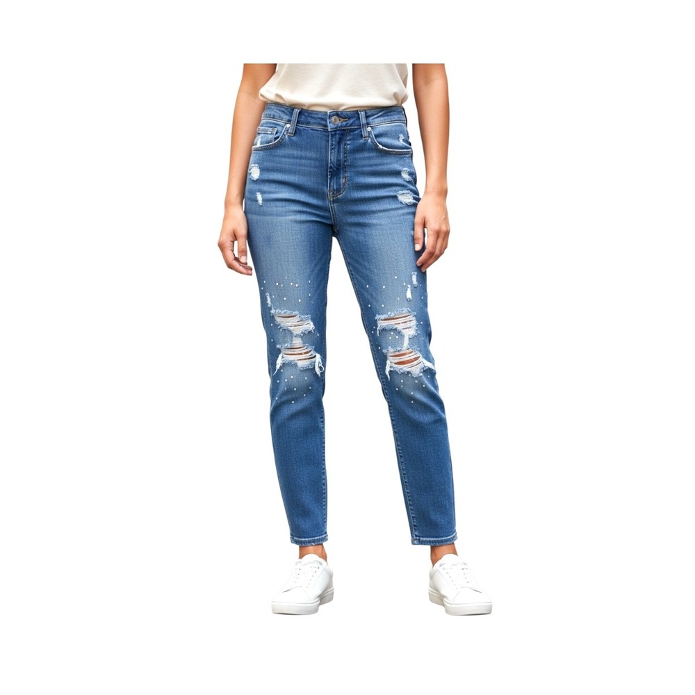 Black Daisy Relaxed Skinny‎ Jeans Women's Distressed Paint Splatter Button Fly